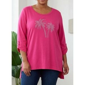 Women's plus size 3X Casey Key fuchsia top with rhinestone palm trees NWT